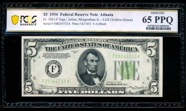 AC 1934 $5 Atlanta FRN PCGS 65 PPQ LGS Light Green Seal Fr 1955-F