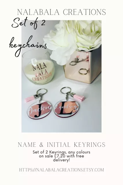 2x Personalised Brush Keychain with Name and Initial, all Colours Christmas Gift