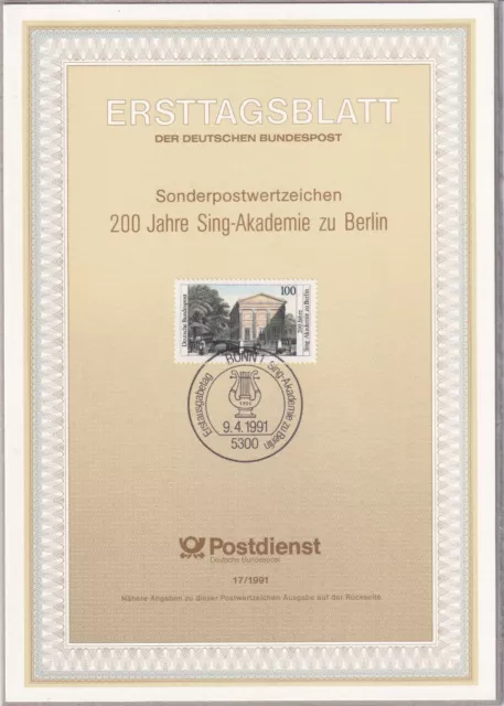 Ersttagsblatt ETB 17/1991 - "200 Jahre Sing-Akademie zu Berlin" - Stempel Bonn