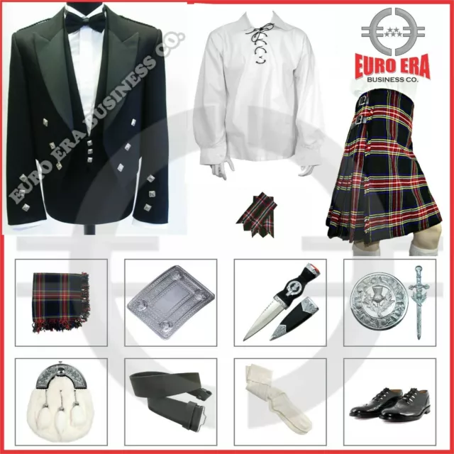 Schottische Prinz-Charlie-Jacke und schwarzes Stewart-Tartan-Kilt-Outfit,...