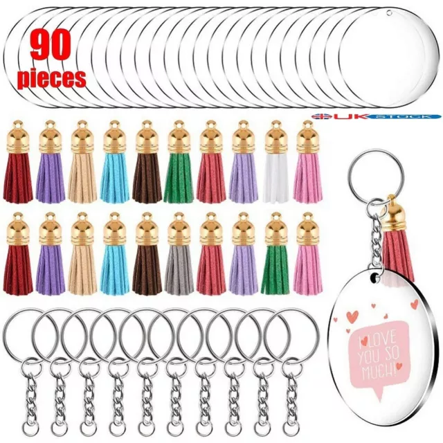 90x Clear Acrylic Circle Discs Keychain Blanks Tassel Pendants Keyrings DIY Set