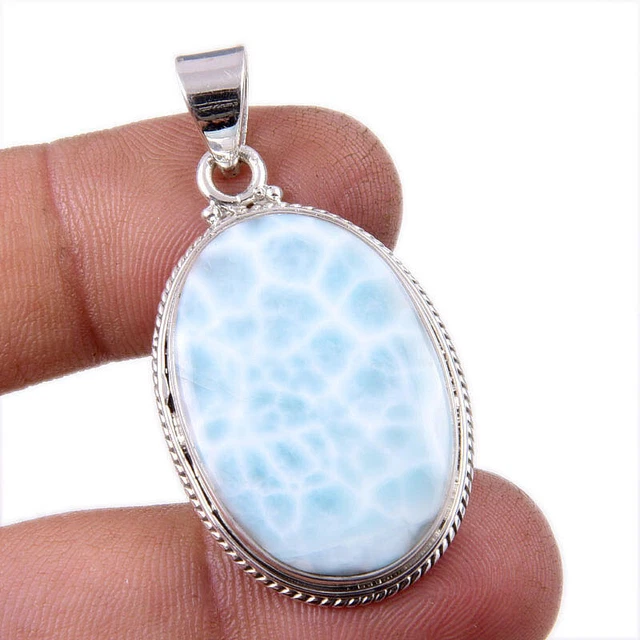 Republic Larimar Gemstone 925 Solid Sterling Silver Pendant Jewelry 1.75"
