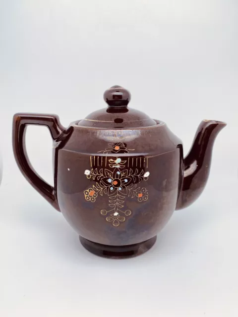 Vintage Dark Brown Teapot Hand Painted Floral Design Made in Japan