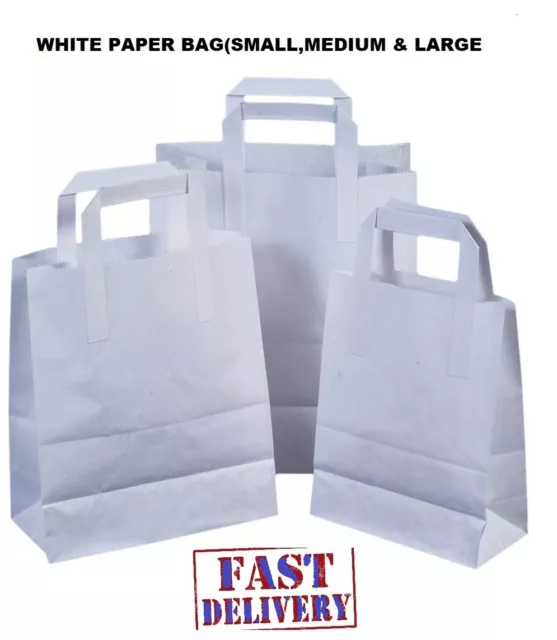 White Paper Bags With Handles Large Small 100 50 10 Party Gift Sweet Carrier SOS