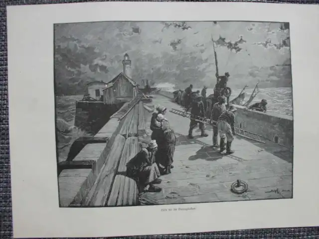 Seefahrer Fischer Seenot Sturm Leuchtturm Original HOLZSTICH von 1889