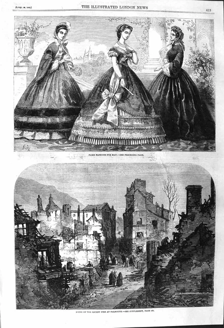 Original Old Antique Print 1862 Fire Falmouth Ruins Buildings Womens Fashion