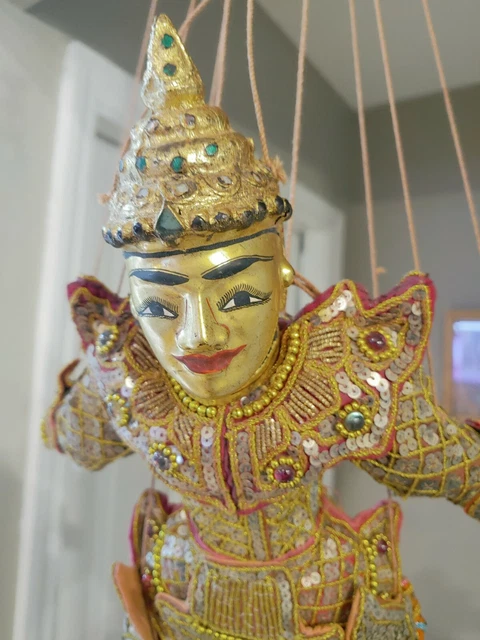 Burmese Asian Wooden Puppet Marionette Hand Painted Rare Elegant Finely Dressed 2