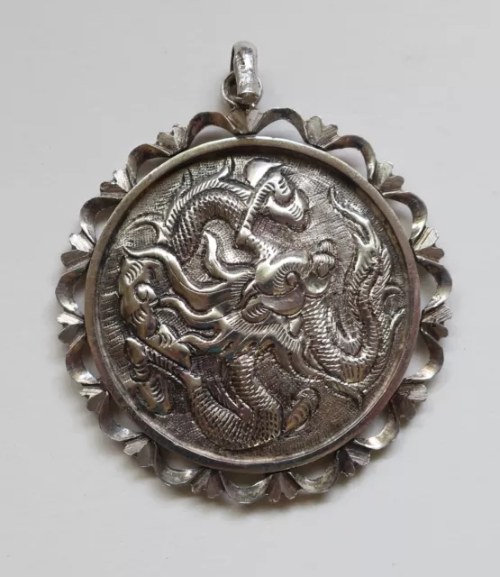 Vintage Large Sterling Silver Chinese Coin Medallion Dragon Pendant. Lucky coin