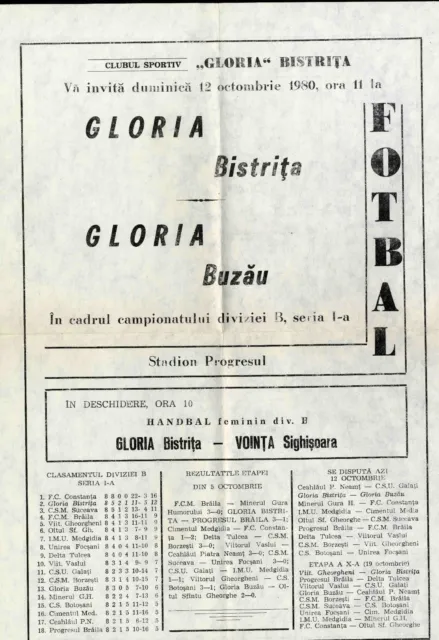 ROMANIA 1980 GLORIA Buzau - GLORIA Bistrita  HISTORY SOCCER PROGRAM 2 pag