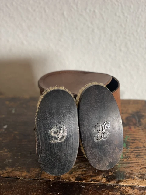 Monogramed Antique Horse Hair Brushes In Leather Case