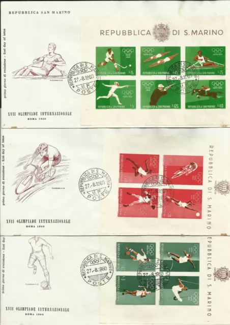 012.1960.San Marino.Olimpiadi Roma.Serie completa di 3 FDC.Foglietti F30-F31-F32