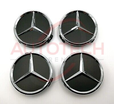 Set of 4 Mercedes-Benz Black/Chrome Wheel Center Caps - 75MM AMG WREATH