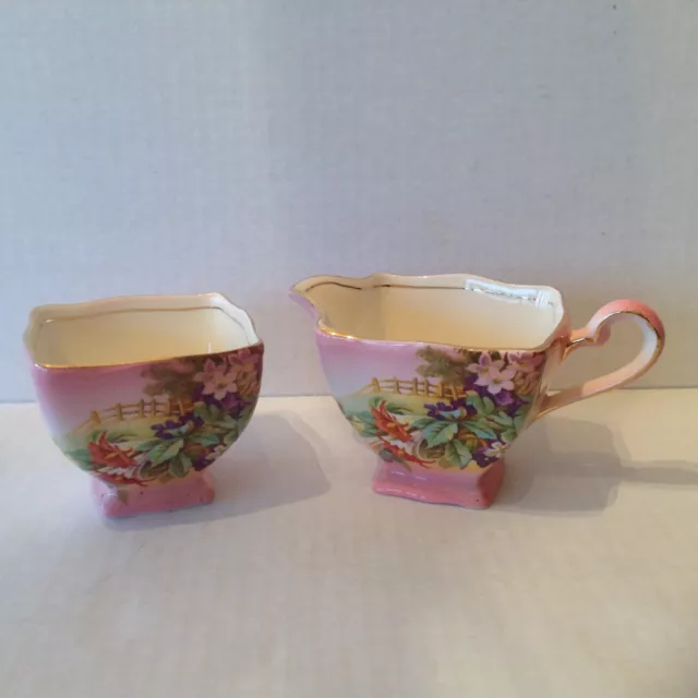 Rare Royal Winton Grimwades Pink Trumpet Flowers Creamer and Sugar Bowl England