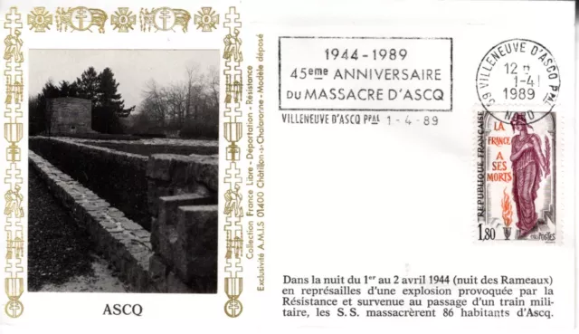 H004+FDC ENVELOPPE  FLAMME  1er JOUR   45° ANNIVERSAIRE MASSACRE D' ASCQ