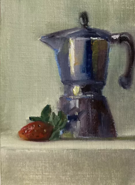 Moka Pot with Strawberry Miniature Still Life Oil Painting Fruit and Coffee ACEO