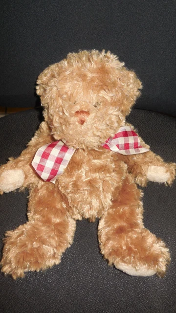 doudou peluche ours marron beige noeud rouge vichy BUKOWSKI  32 cm