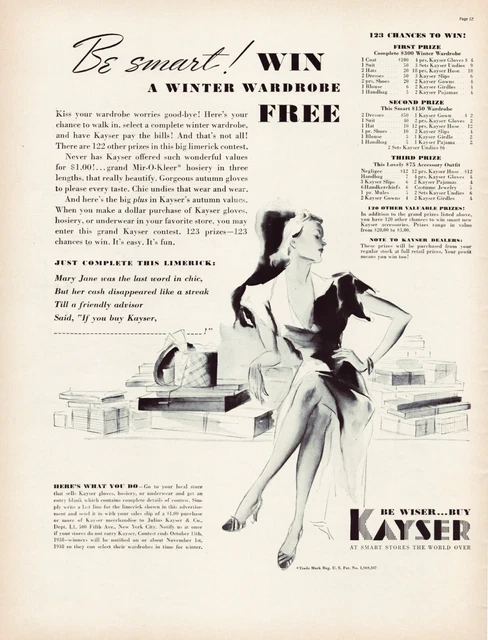 Print Ad Kayser Nylon Stockings 1938 Full Page Large Magazine 10.5"x13.5"