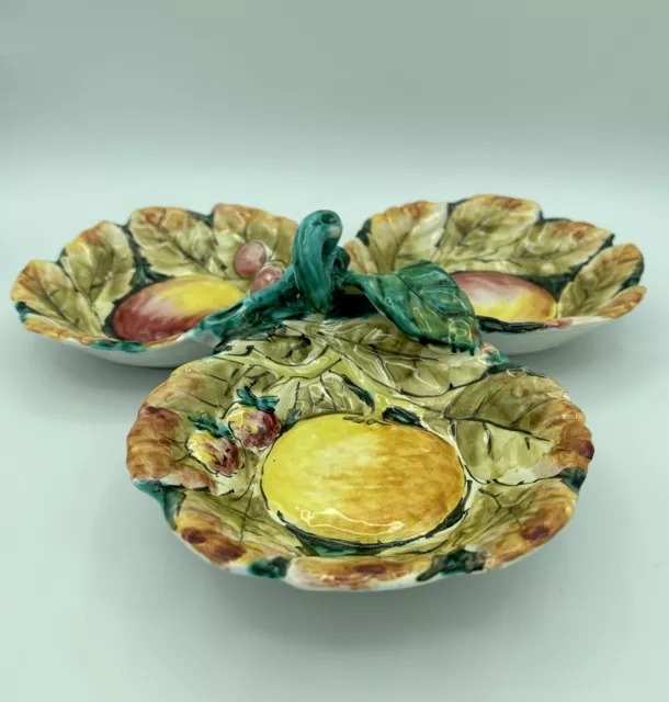 Vintage Italian Majolica Hand Painted 3 Compartment Handled Serving Dish Fruit