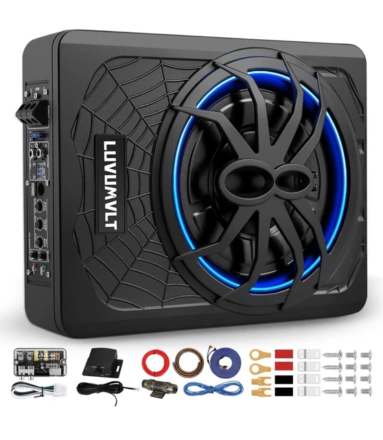 2025 Upgraded Slim 10" 1200W Under-Seat Car Subwoofer With Built-in Amp | Powerful Bass, Blue LED, Remote Control, Universal Fit
