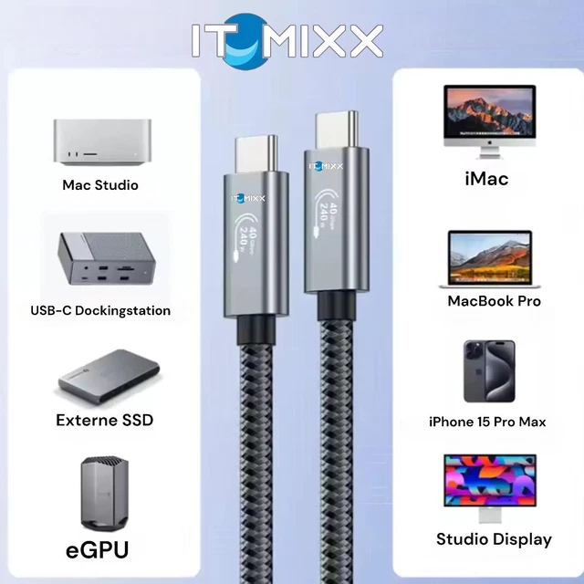 Angusplay Câble USB4 Avec Thunderbolt 4 1.2m Angle Droit, Câble De