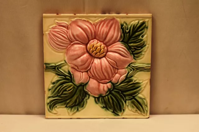 Antique Tile Art Nouveau Majolica DK Japan Ceramic Floral Embossed Leaf Old"U95