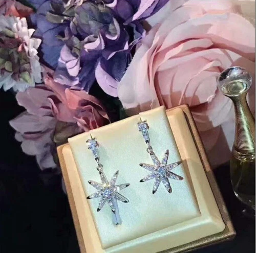 3.00Ct Round Cut Real Moissanite Snowflake Dangle Earrings 14K White Gold Plated