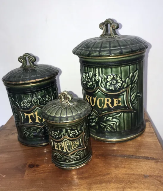 Antique Green French Art Nouveau CANISTER SET 3 Kitchen Ceramic Gold Lidded