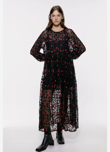 zara black floral embroidered dress dress high waisted rose embroidered main image 1
