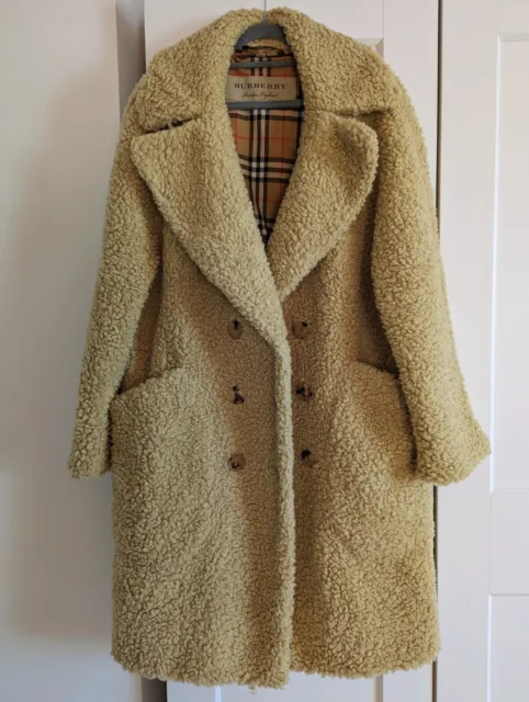 Burberry Oversized Camel Double-Breasted Wool-Blend Shearling Teddy Coat Small 2