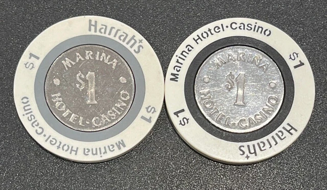 2 Harrah's Marina Hotel-Casino $1.00 Casino Chip 1 Black & 1 Gray #1 & # 2