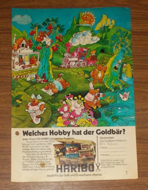 Seltene Werbung HARIBO GOLDBÄREN Schatztruhe Welches Hobby hat der Goldbär? 1976