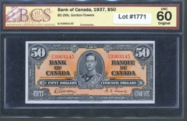 1937 $50 Bank of Canada. BCS UNC60 Original. AO0001. BC-26b. Uncirculated note.