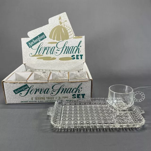 Anchor Hocking Glass Vintage Serva Snack Set 4 Serving Trays 4 Cups Anchorglass
