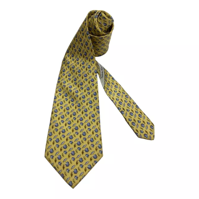 SALVATORE FERRAGAMO Yellow Leaf Print Luxury Silk Tie Italy W:3.8" EX COND