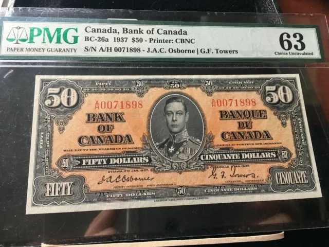1937  Canadian $50 Dollar Note BC-26a,  Osb/Tow SN# A/H 0071898 PMG UNC-63