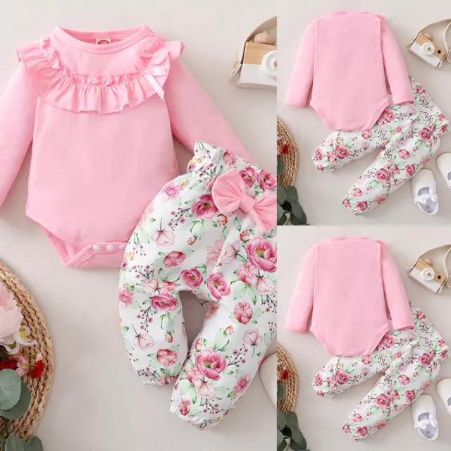 Newborn Baby Girls Clothes Ruffle Romper Bodysuit Tops Floral Pants Outfit Set