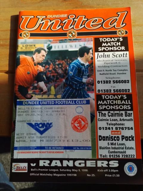 Dundee United v Rangers & Ticket  League Programme May 1998 9/5/1998
