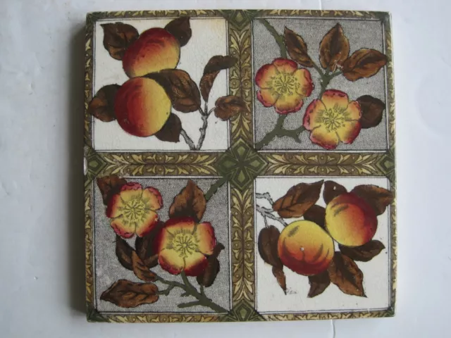 Antique Victorian Print And Tint Wall Tile - C1886 - Fruit And Flowers Design