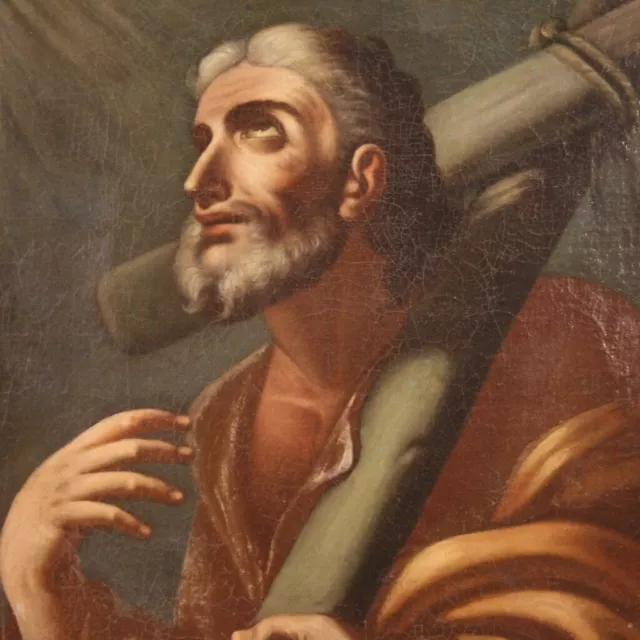 Antiguo cuadro religioso San Andrés pintura oleo lienzo siglo XVIII. pintor 700