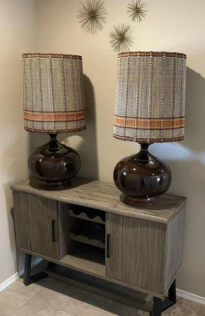 Vtg Mid Century Modern MCM Ceramic/Porcelain Lamps Maria Kipp Woven & Wood Shade