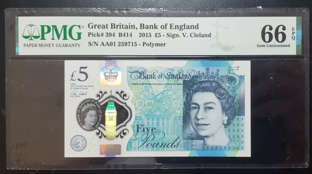 Bank of England Great Britain  5 Pounds 2015 Prefix AA01 PMG  66EPQ  Polymer