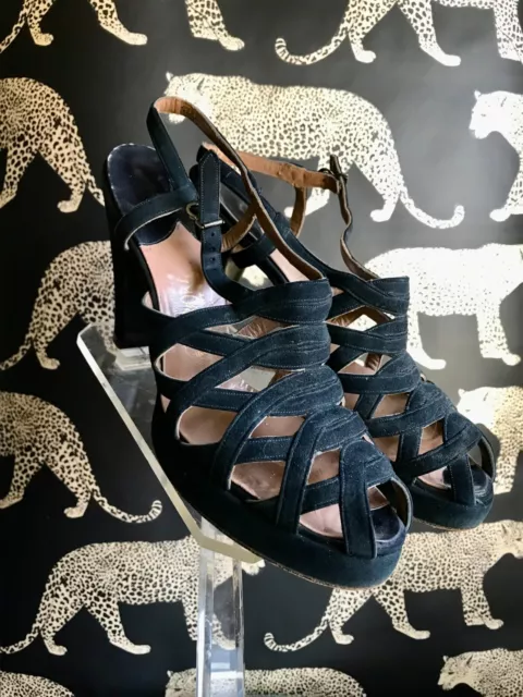 VINTAGE 1940S BLACK suede leather platform cut out shoes 40s peep toe ...