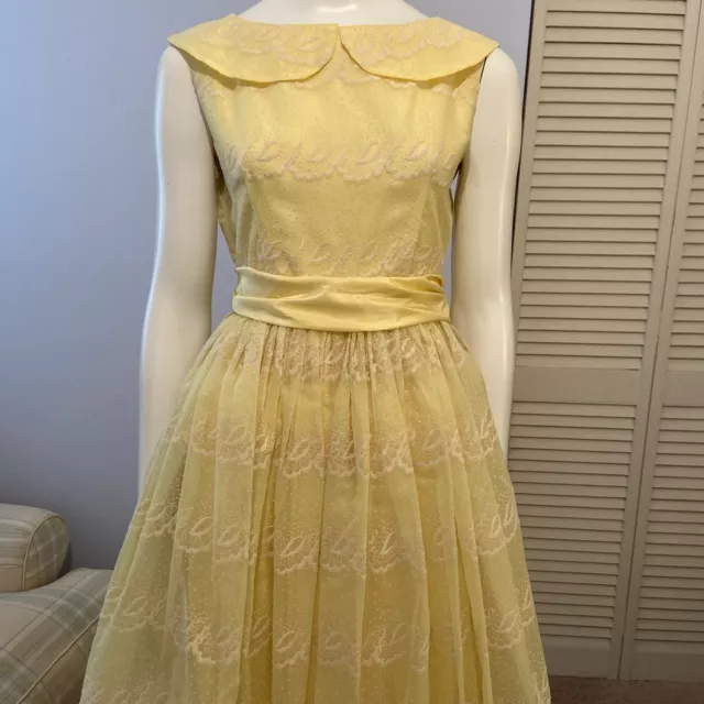 VTG 50s Party Dress Pale Yellow Satin With Swiss Dot Embroidered Overlay Sz S 2
