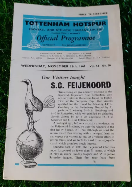 Tottenham Hotspur v SC Feijenoord European Cup Qtr/F Football Programme 15/11/61