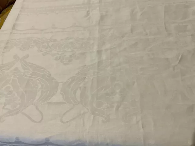 White Irish Linen Damask Tablecloth Stripe W/ Celtic Designs Embroidered 88” Sq
