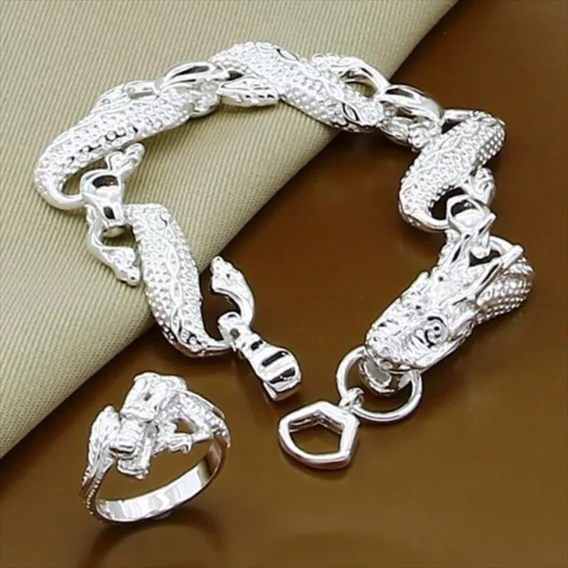 925 Sterling Silver Filled Dragon Bangle Bracelet Rings Sets Women Men Jewelry