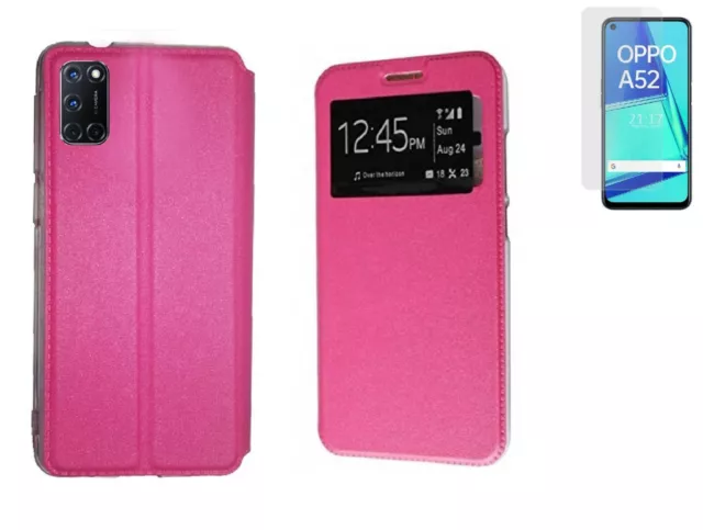 Funda OPPO A52 A72 A92 Rosa fucsia Libro ventana + Cristal Completo Full Glue