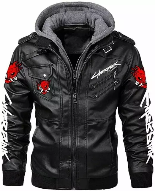 Cyberpunk 2077 Real Leather Jacket For Men's Black Sheep Leather Hooded Jacket