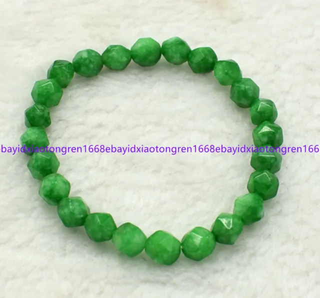 Faceted 8mm Natural Green Jade Round Gemstone Beads Stretch Bracelet 7.5 Inch