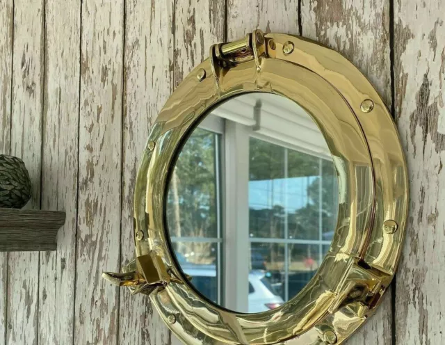 12" Brass Porthole Mirror Nautical Maritime Wall Decor ~ Ship Cabin Window Gift